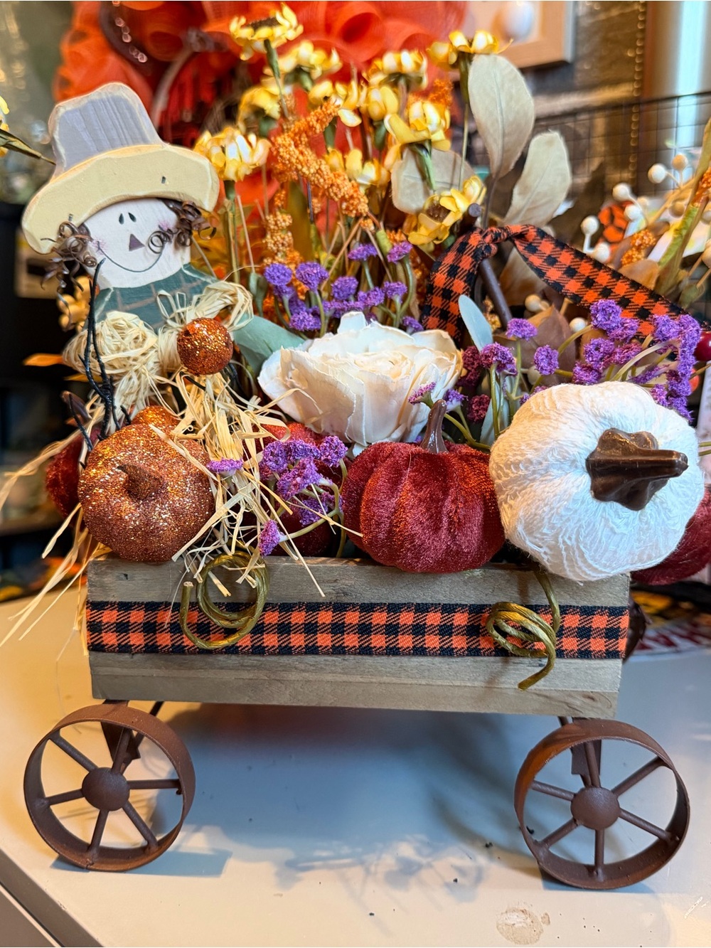 Seasonal Fall Wagon Centerpiece — Orange, White & Purple Accents